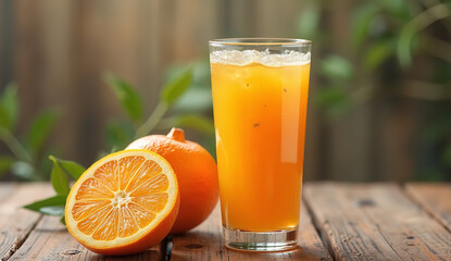 Glass of freshly squeezed orange juice with condensation and oranges