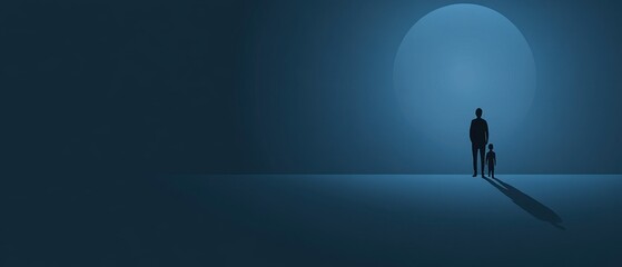 Silhouette of adult man and child standing together in a blue abstract space, representing fatherhood, guidance, and future aspirations