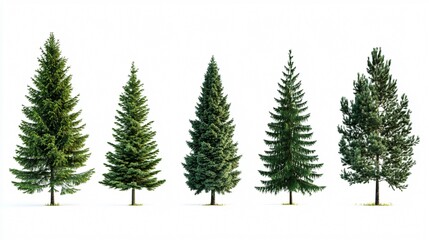 Obraz premium Vibrant Green Spruce Trees Collection Isolated on White Background