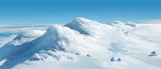 Serene arctic landscape featuring snow covered mountains under a clear blue sky with soft clouds creating a peaceful winter scene