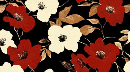 Seamless pattern with red and cream flowers on black background.