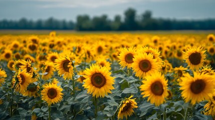 Fototapeta premium Field of vibrant sunflowers under a cloudy sky, nature's radiant display of summer.