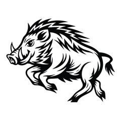 Bold Black and White Wild Boar Leaping Silhouette with Detailed Bristles and Tusks