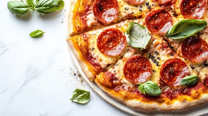 Delicious pepperoni pizza with basil on marble background.