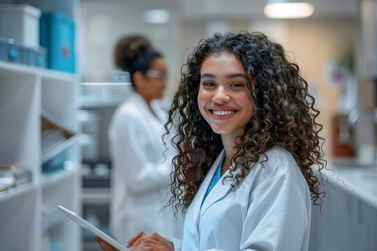 Happy student with curly hair using a tablet with an assistant beside her against a clear background.