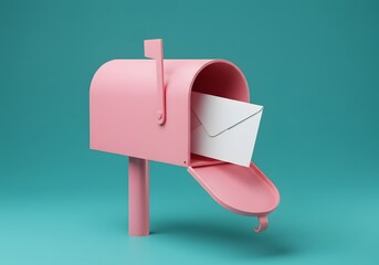 Pink mailbox with white envelope on teal background