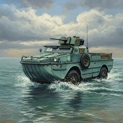 Pastel Painting of DUKW on Overcast Seascape