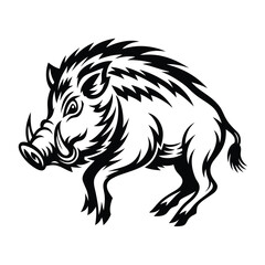 Monochrome Wild Boar Illustration, Aggressive Hog with Tusks on White Background