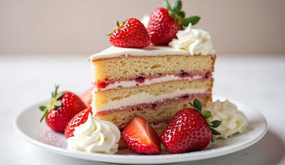 Strawberry cake with creamy glaze and fresh herbs