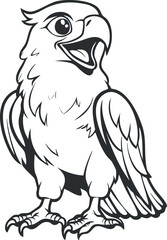 Black and white cartoon eagle with large eyes and open beak in a cute and bold outline style