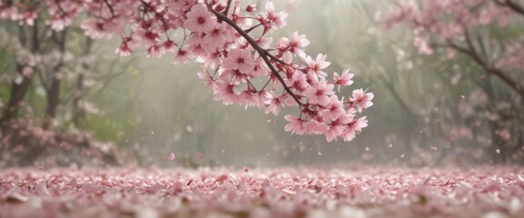 Naklejka premium Delicate pink sakura petals drift down against a softly blurred spring background , gentle, photography, petals