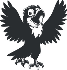 Cartoon black and white bird with wings spread wide and open beak, flying and cheerful