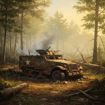 Oil Painting of Destroyed Half-Track in Quiet Forest