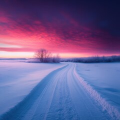 Winter scene with snow road at sunset