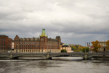 Looking at Gamla Satan across the water with a bridge on the other side, Stockholm