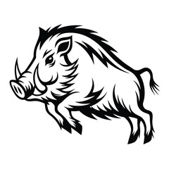 Powerful Boar Silhouette Running Forward, Angry Wild Hog Black and White