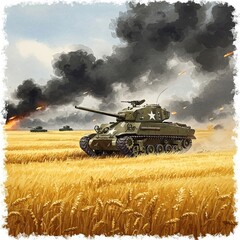 Fototapeta premium US M18 Hellcat Racing Through Wheat Under Fire
