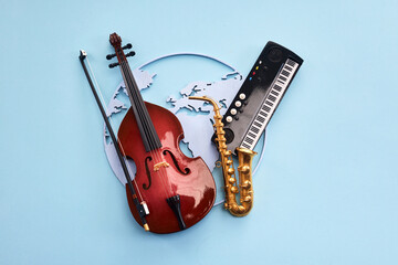 Jazz day. Musical Instruments on Blue. Musical World