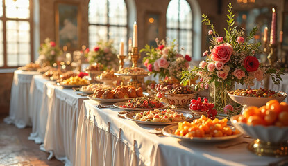 Delicious Feast Celebration Event Hall Food Display Elegant Setting Festive Atmosphere Culinary Experience for Gatherings