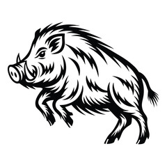 Stylized Wild Boar Leaping Silhouette, Black and White Illustration, Strong Animal, Symbol