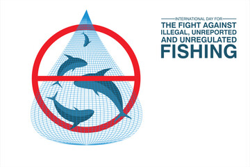 Stop illegal fishing. Vector illustration of fish trapped in a net inside a red prohibition sign, symbolizing the global call to end illegal, unregulated, and harmful fishing practices in the ocean.