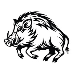Wild Boar Running Silhouette, Monochrome Illustration, Aggressive Animal, Bold Outline
