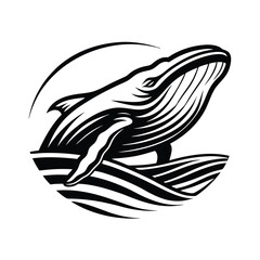 Humpback Whale Elegant Silhouette, Black and White Oceanic Design with Wave Details