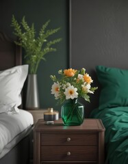 Elegant bottle vase, fresh blooms, on a trendy nightstand, emerald green sheets ,  modern decor,  interior
