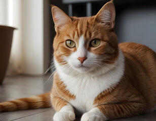 Fototapeta premium Orange and White Tabby Cat Lying Down Indoors