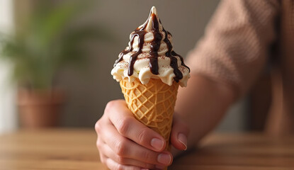 Indulgent Ice Cream Cone Topped with Rich Chocolate Drizzle and Colorful Sprinkles in a Rustic Setting