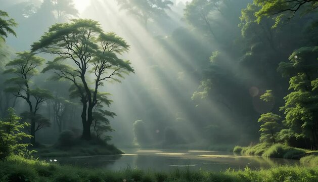Sunlight Streaming Through Forest Trees Reflecting on Lake Mist. Seamless looping overlay 4k virtual video animation background