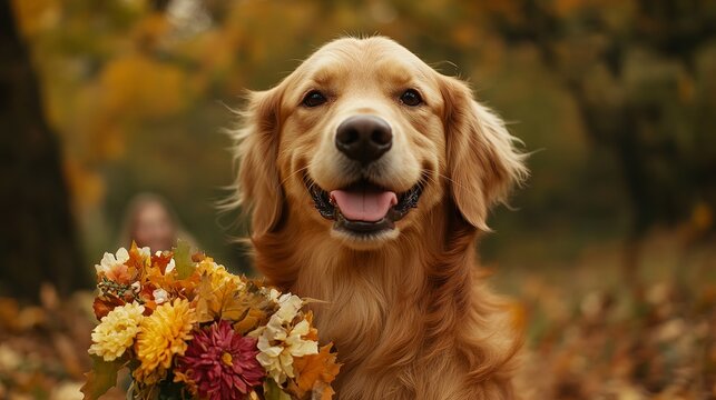 Happy golden retriever dog autumn leaves bouquet fall season pet cute park puppy brown image photo