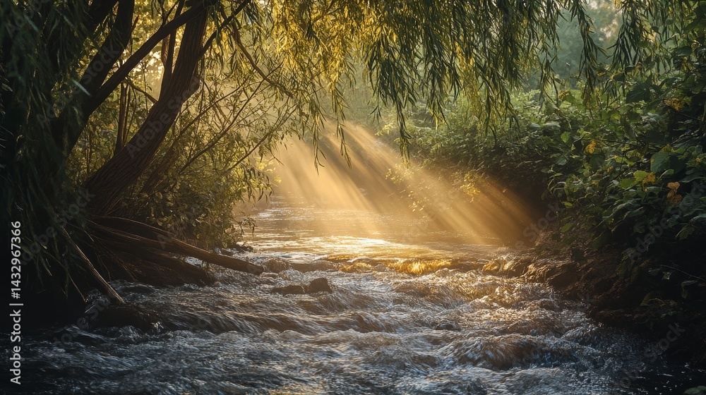 Wall mural sunbeams stream through trees onto a flowing river in a lush forest.