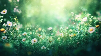 Sunlit meadow with blooming daisies and wildflowers.
