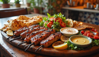 Authentic Lebanese Shish Taouk with Garlic and Paprika, Grilled Chicken on Wooden Board, Vibrant Barbecue Setting