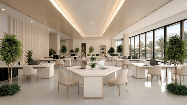 Modern co working space featuring elegant design, natural light, and greenery. open layout promotes collaboration and productivity, creating serene work environment