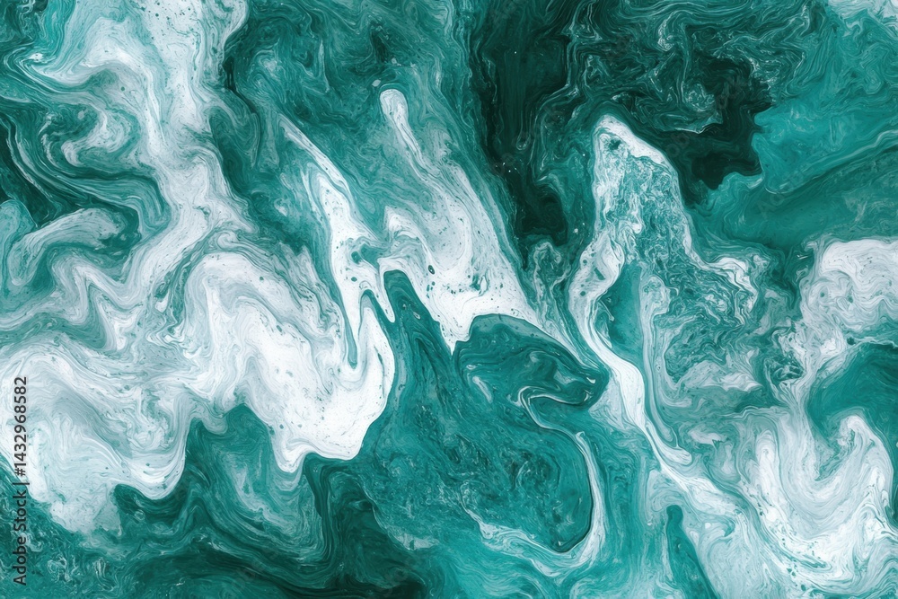 Poster abstract fluid art in teal and white creating a mesmerizing marble effect with swirling patterns and