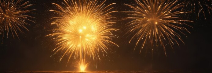Naklejka premium Fiery yellow fireworks bloom, wide shot, intense heat , summer, explosion