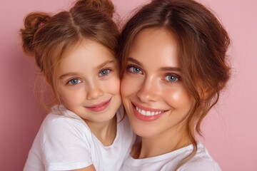Mother and Daughter Portrait on Pink Background