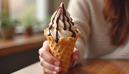 Indulgent Ice Cream Cone Topped with Rich Chocolate Drizzle and Colorful Sprinkles in a Rustic Setting