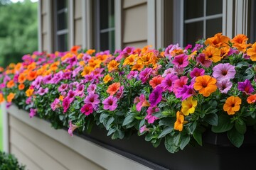 Obraz premium Colorful window box overflowing with vibrant flowers