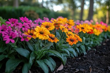 Vibrant flowerbed with orange, pink, and yellow blooms