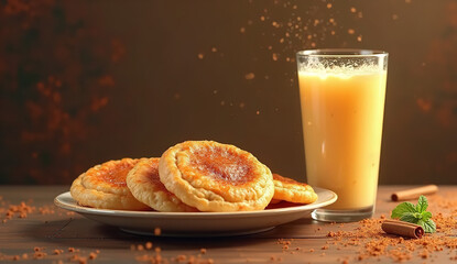 Delicious breakfast spread featuring pastries and refreshing juices on a wooden table