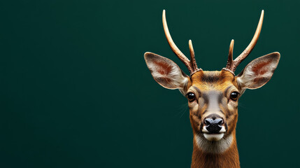 Fototapeta premium close up portrait of deer with antlers against solid green background, showcasing its expressive eyes and detailed fur