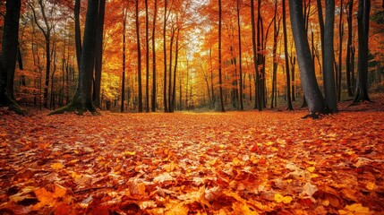 Obraz premium Autumnal forest path blanketed in vibrant foliage.