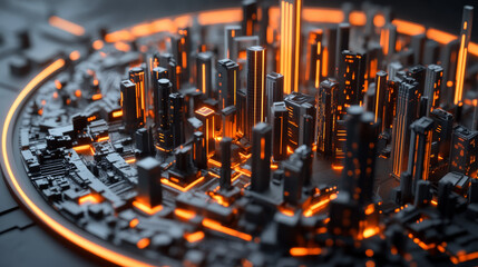 futuristic 3D rendering of city model with glowing orange lights highlights intricate details of skyscrapers and buildings, creating vibrant and dynamic urban landscape