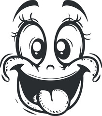 Cartoon black and white happy face with big eyes sticking out tongue and smiling