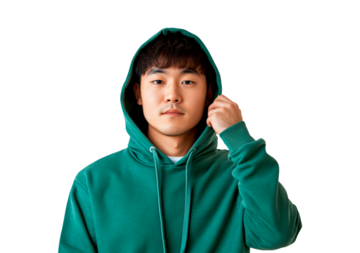 Man in green hoodie poses isolated on transparent background