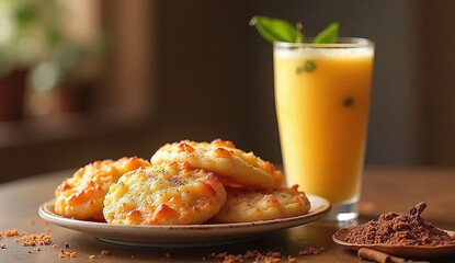 Delicious breakfast spread featuring pastries and refreshing juices on a wooden table