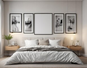 Bright modern bedroom, empty picture frames on wall,  house,  contemporary